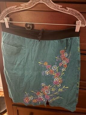 Teal Floral Embroidered Skirt with Black Waistband